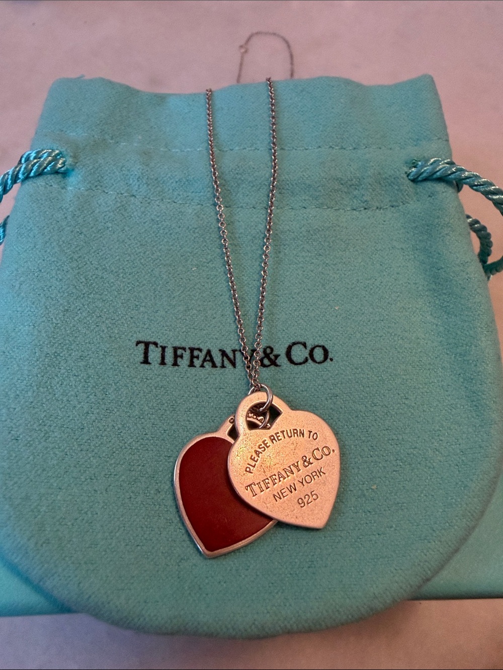 Authentic Tiffany & Co. Red Enamel Silver Double Heart Pendant Necklace Small